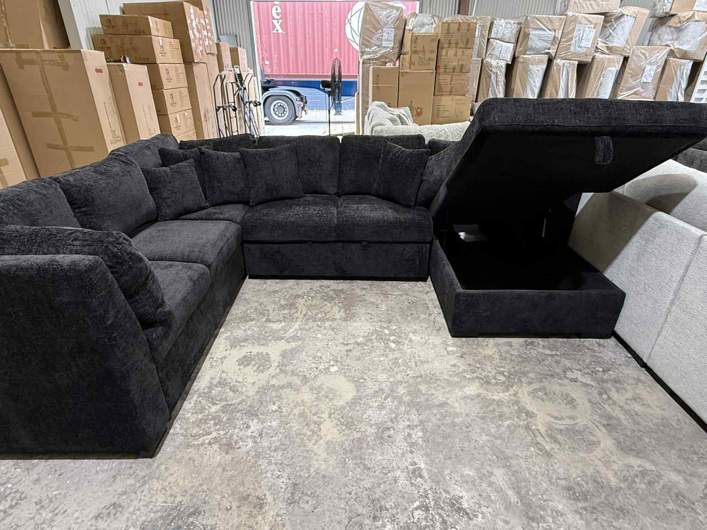 Mercy U Shape Lounge with Sofa Bed & Storage - Black