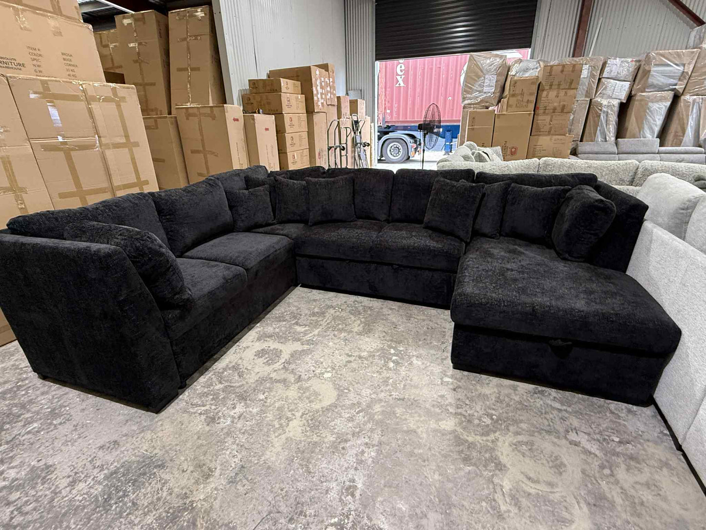 Mercy U Shape Lounge with Sofa Bed & Storage - Black