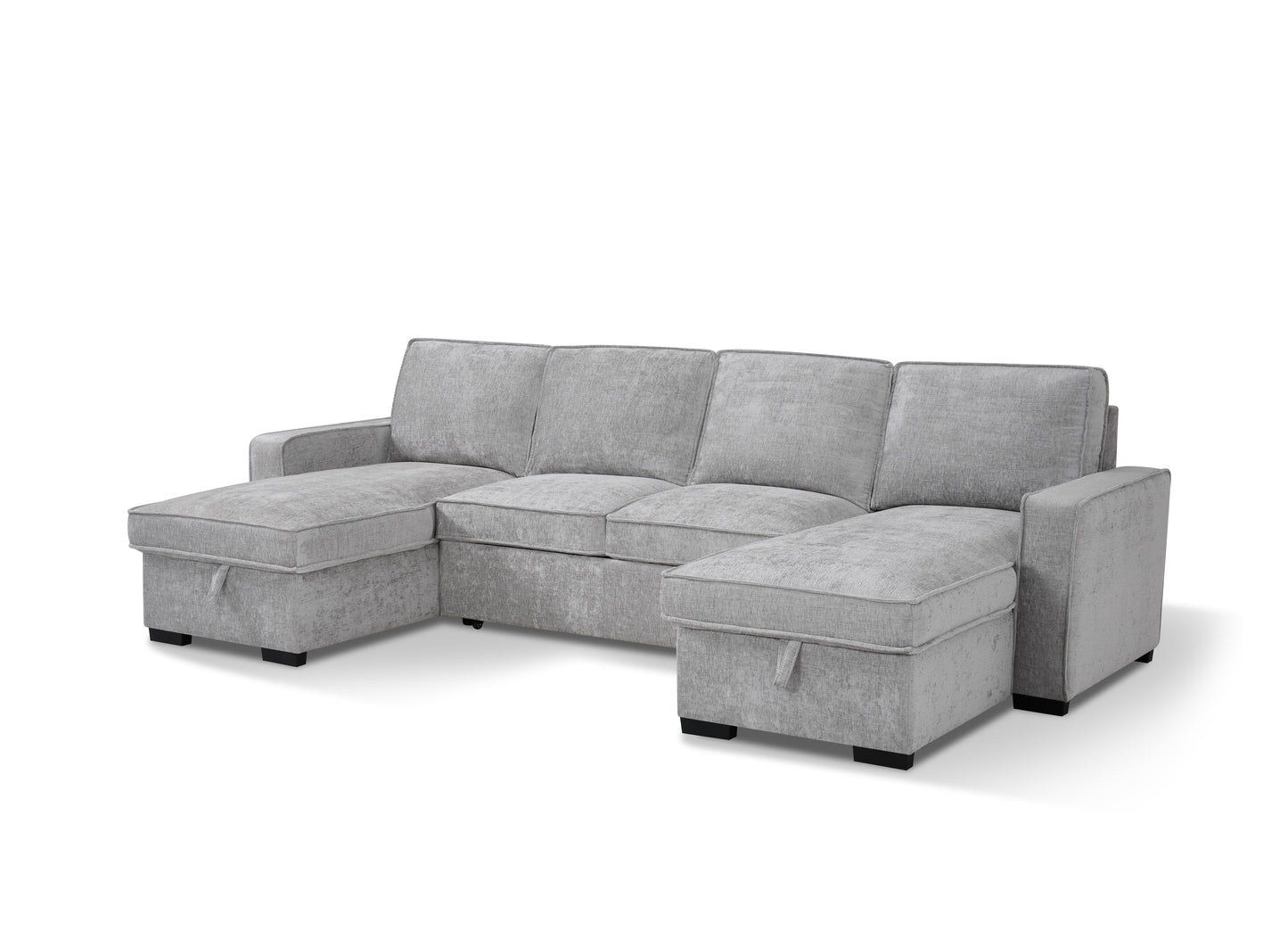Double Chaise Sofa Bed, Storage, Cupholders USB & C Ports - Silver Grey