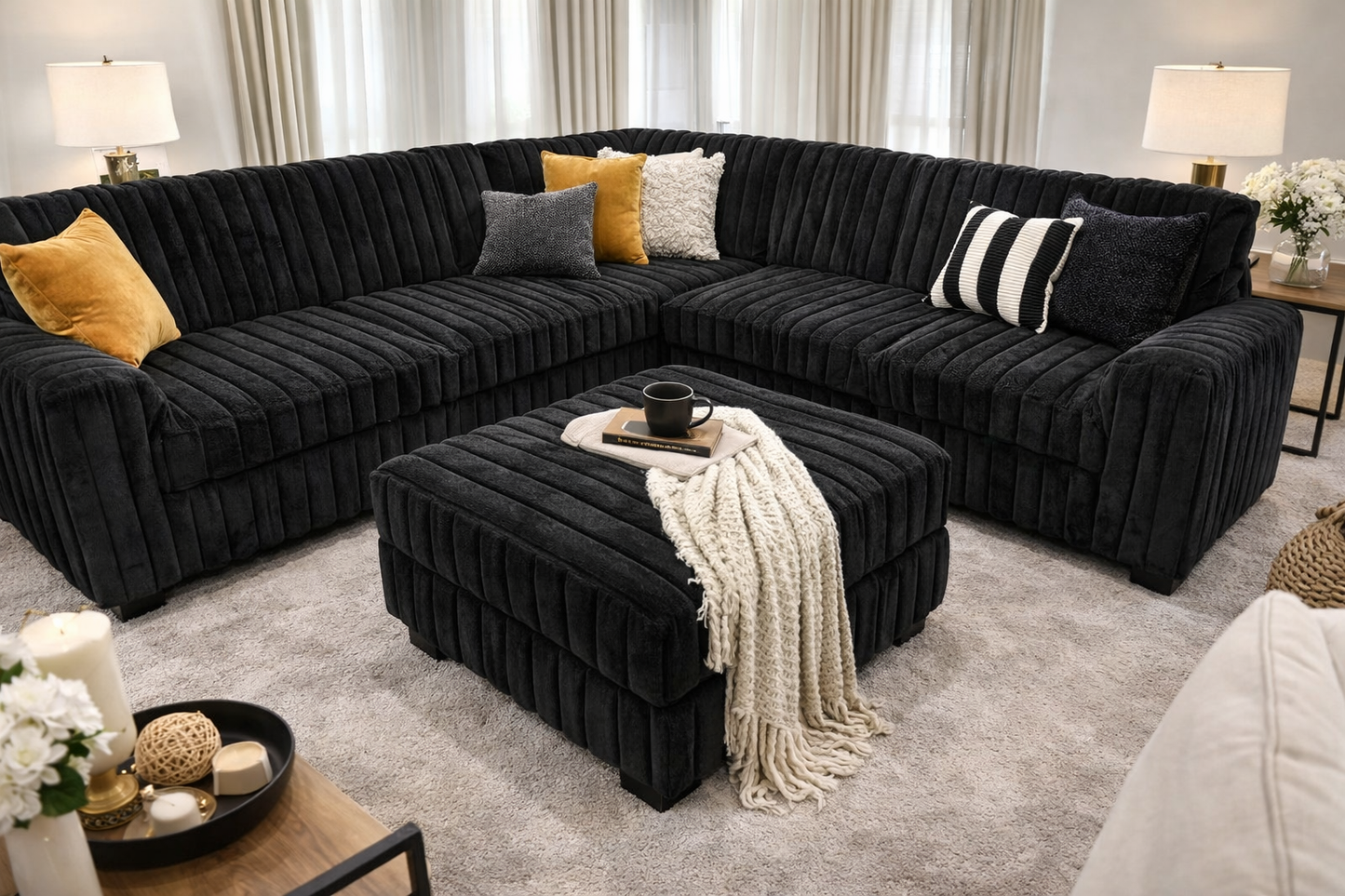Pheonix Corner with Ottoman - Black