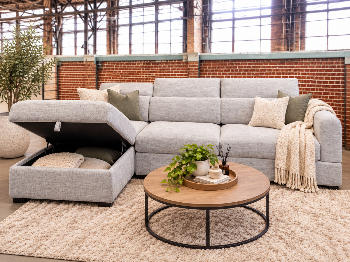 chaise lounge reversible. can go either side of couch. perfect for apartment living