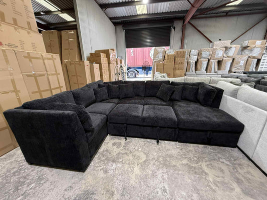 Mercy U Shape Lounge with Sofa Bed & Storage - Black