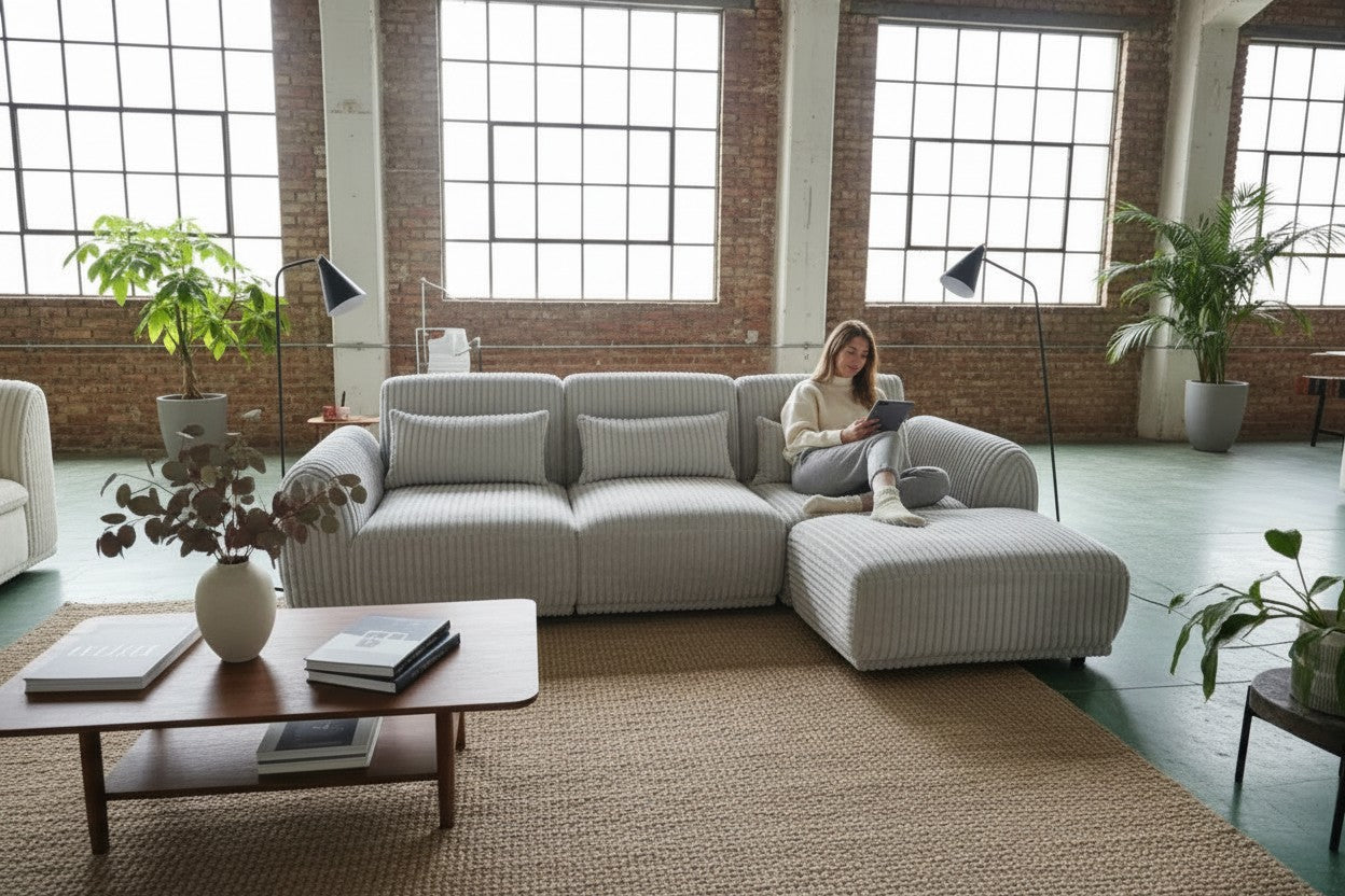 Kaya Cord 3 Seater with Ottoman - Light Grey