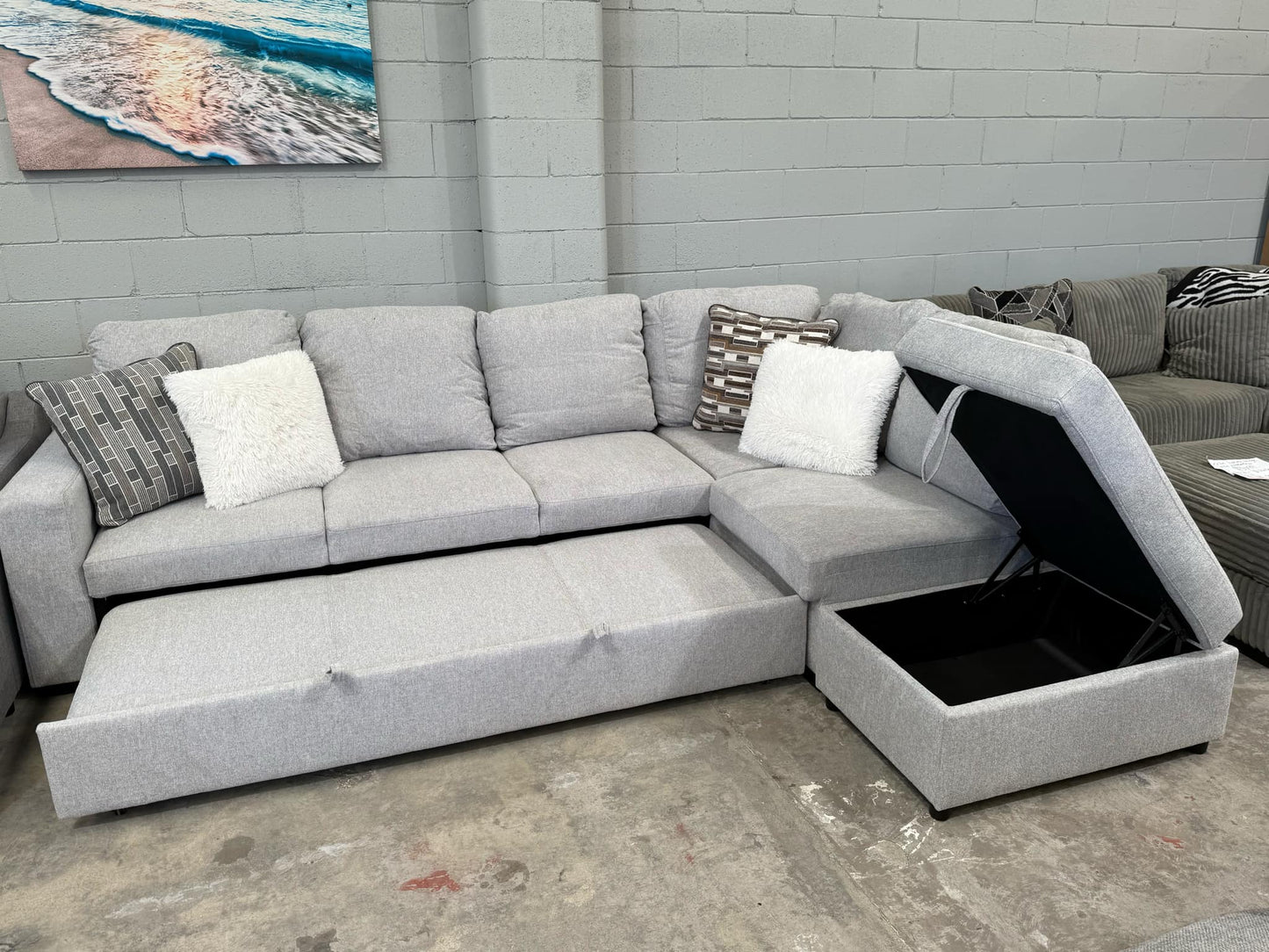 Angus Pull-Out Sofa Bed – with Ottoman & Storage - Light Grey