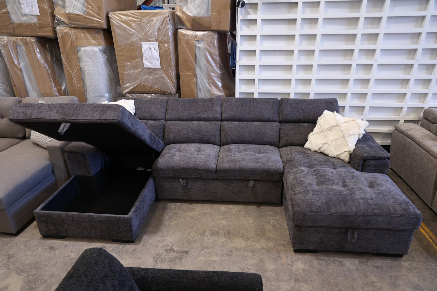 Ordelia Double Chaise Lounge with Sofa Bed & Storage - Dark Grey