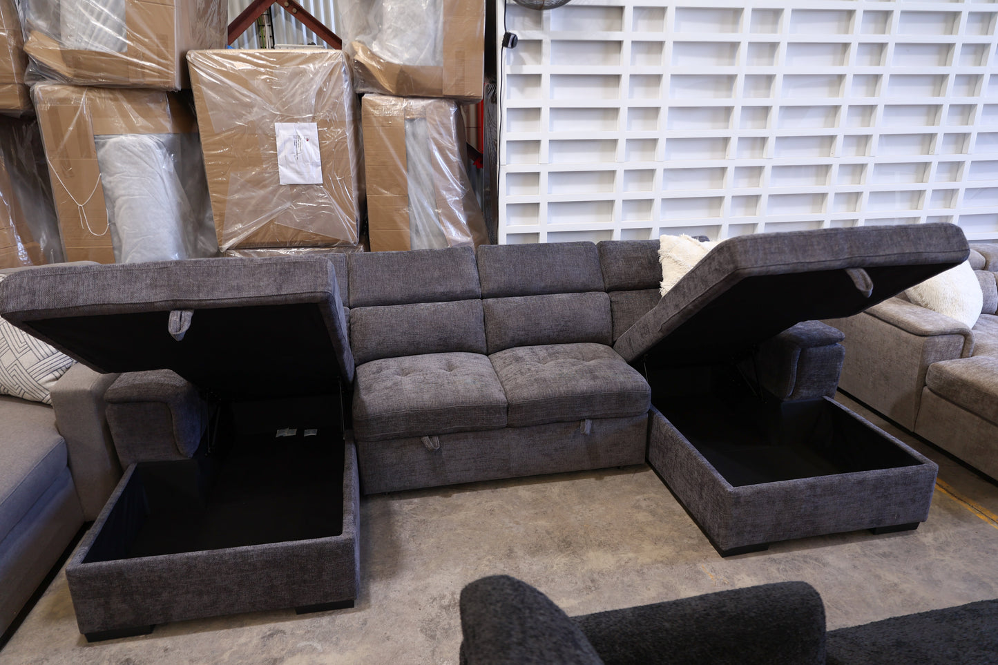 Ordelia Double Chaise Lounge with Sofa Bed & Storage - Dark Grey