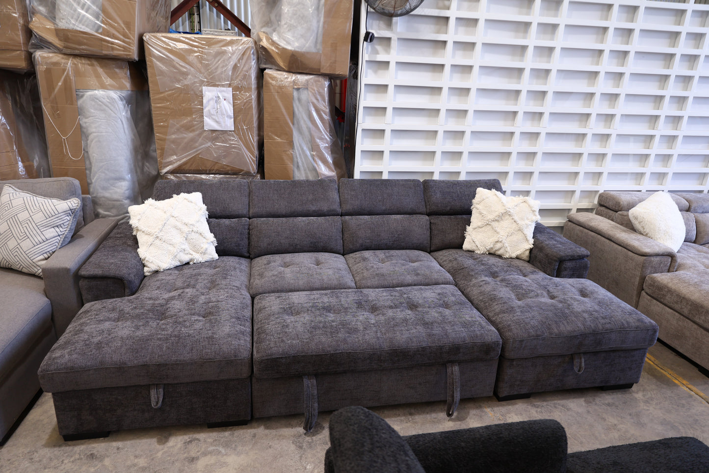 Ordelia Double Chaise Lounge with Sofa Bed & Storage - Dark Grey