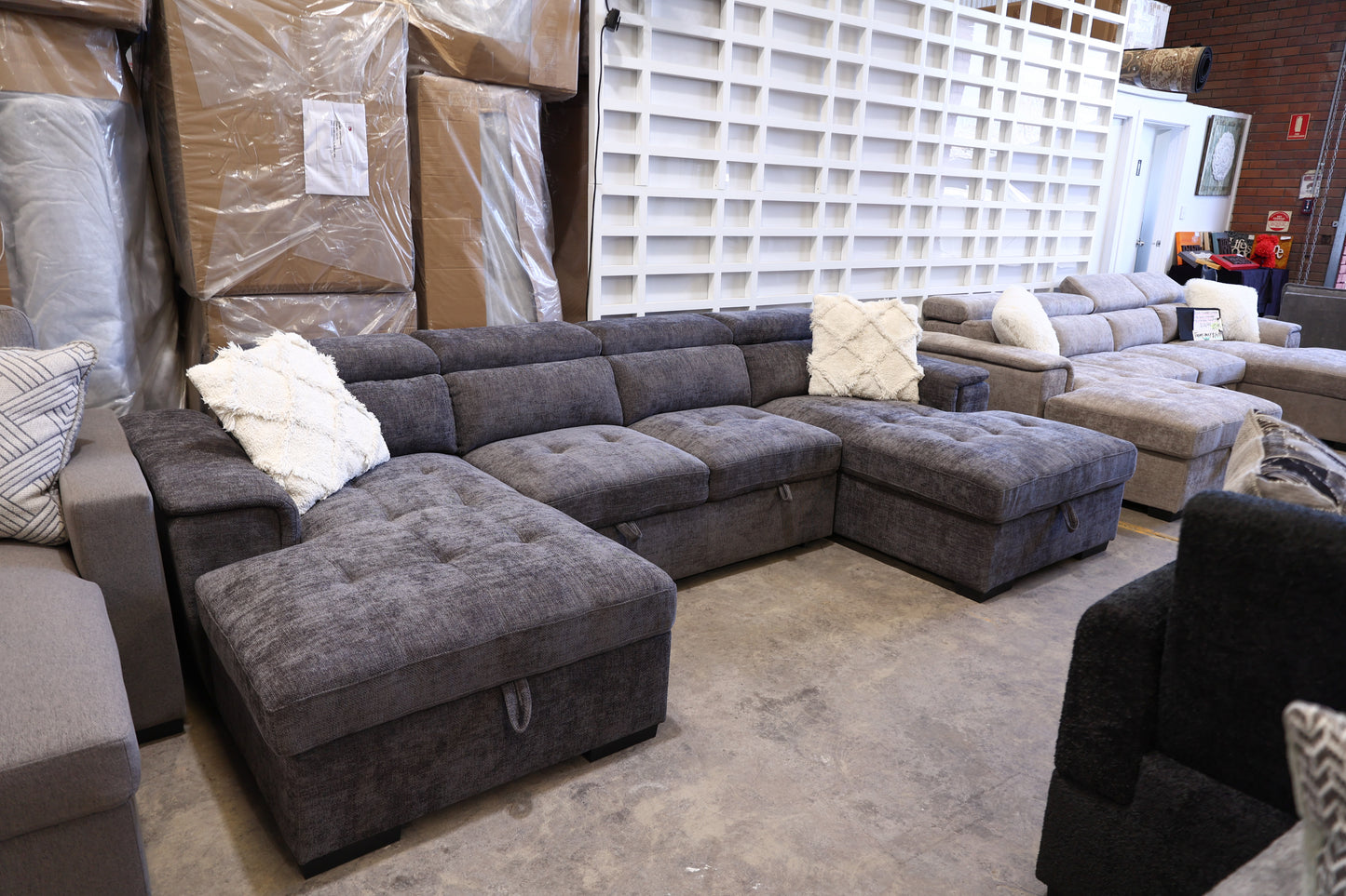 Ordelia Double Chaise Lounge with Sofa Bed & Storage - Dark Grey