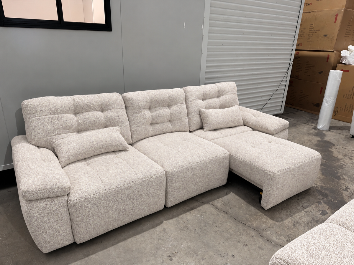 3 Seater Electric Sliding Lounge – Modern 3 seater electric sliding lounge in premium textured fabric with plush tufted cushions and padded armrests.