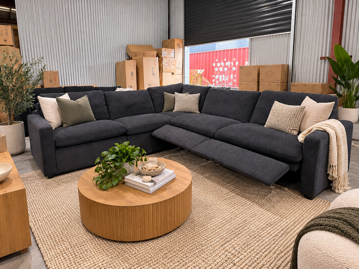 Ultra plush charcoal fabric modular lounge with two electric recliners and oversized cushions