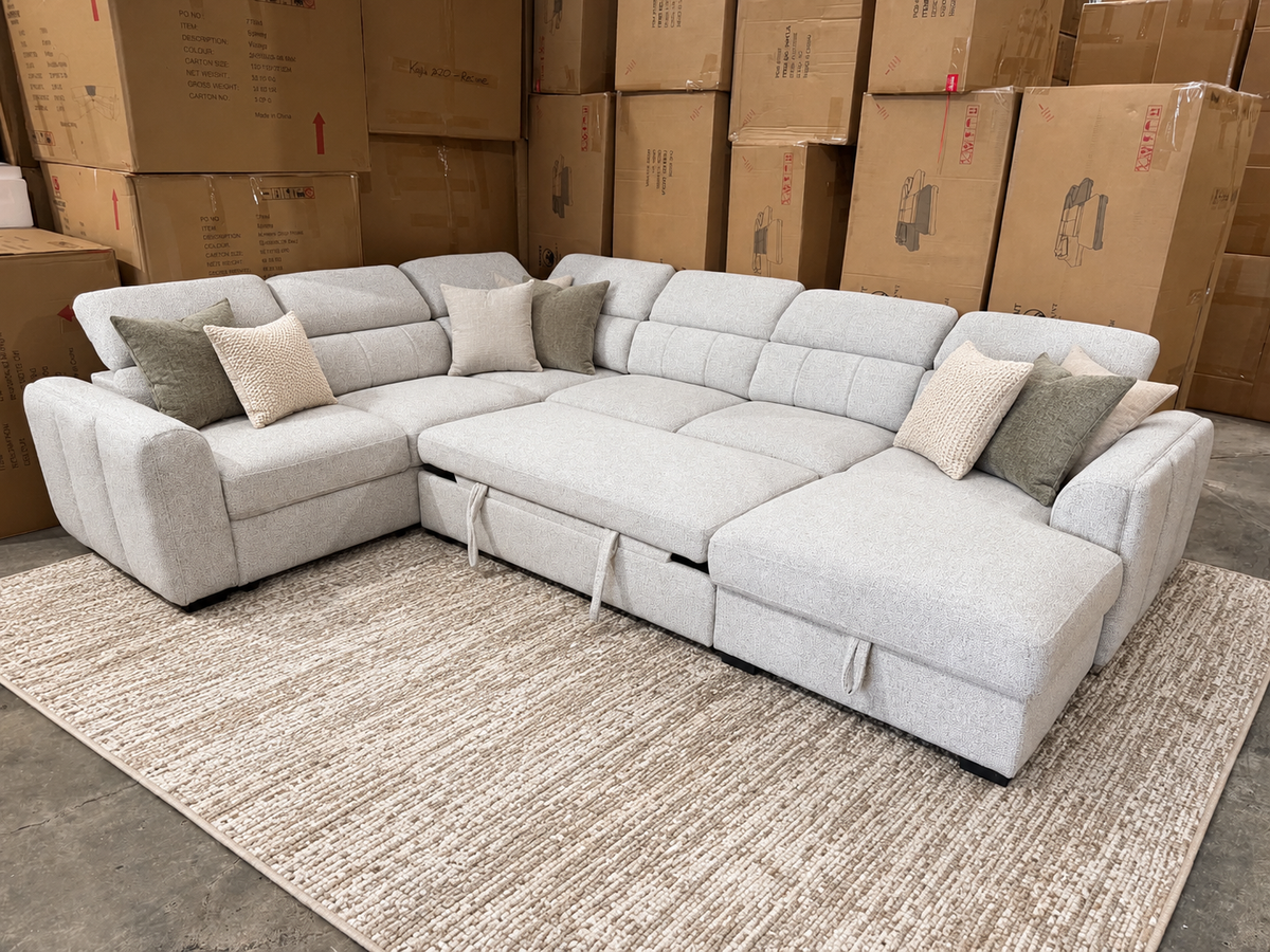 Milan U-shaped lounge with pull-out sofa bed for family living.  sofa bed with storage