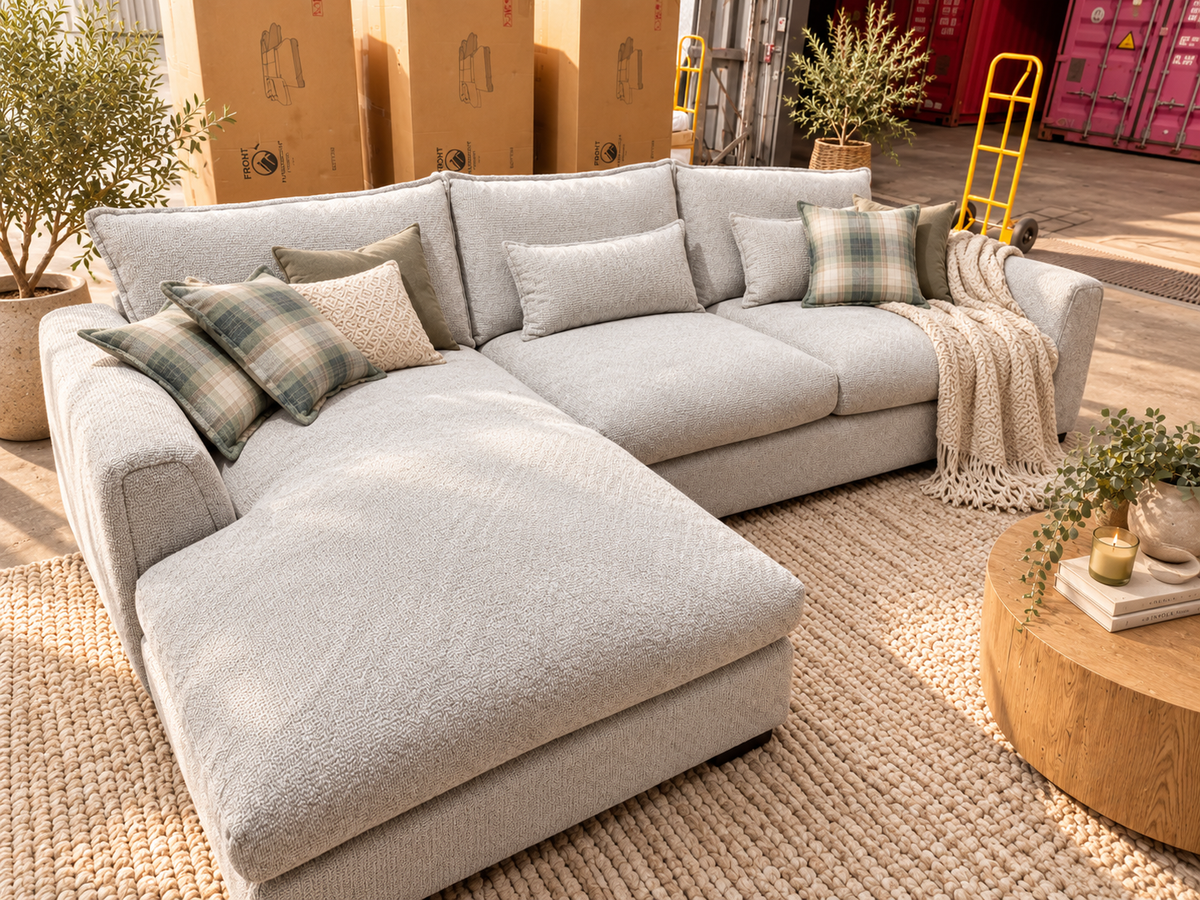 left hand facing L shape lounge with chaise in soft fabric and super soft seating