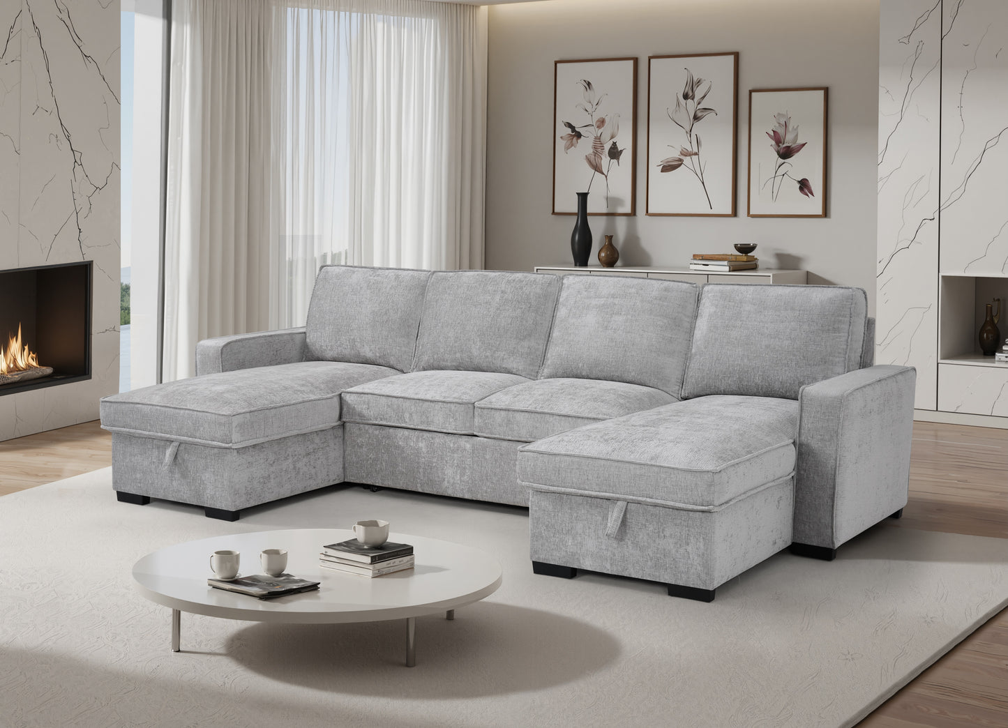 Double Chaise Sofa Bed, Storage, Cupholders USB & C Ports - Silver Grey