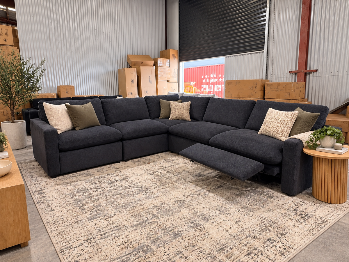 Oversized charcoal fabric lounge with USB charging and flexible sectional seating