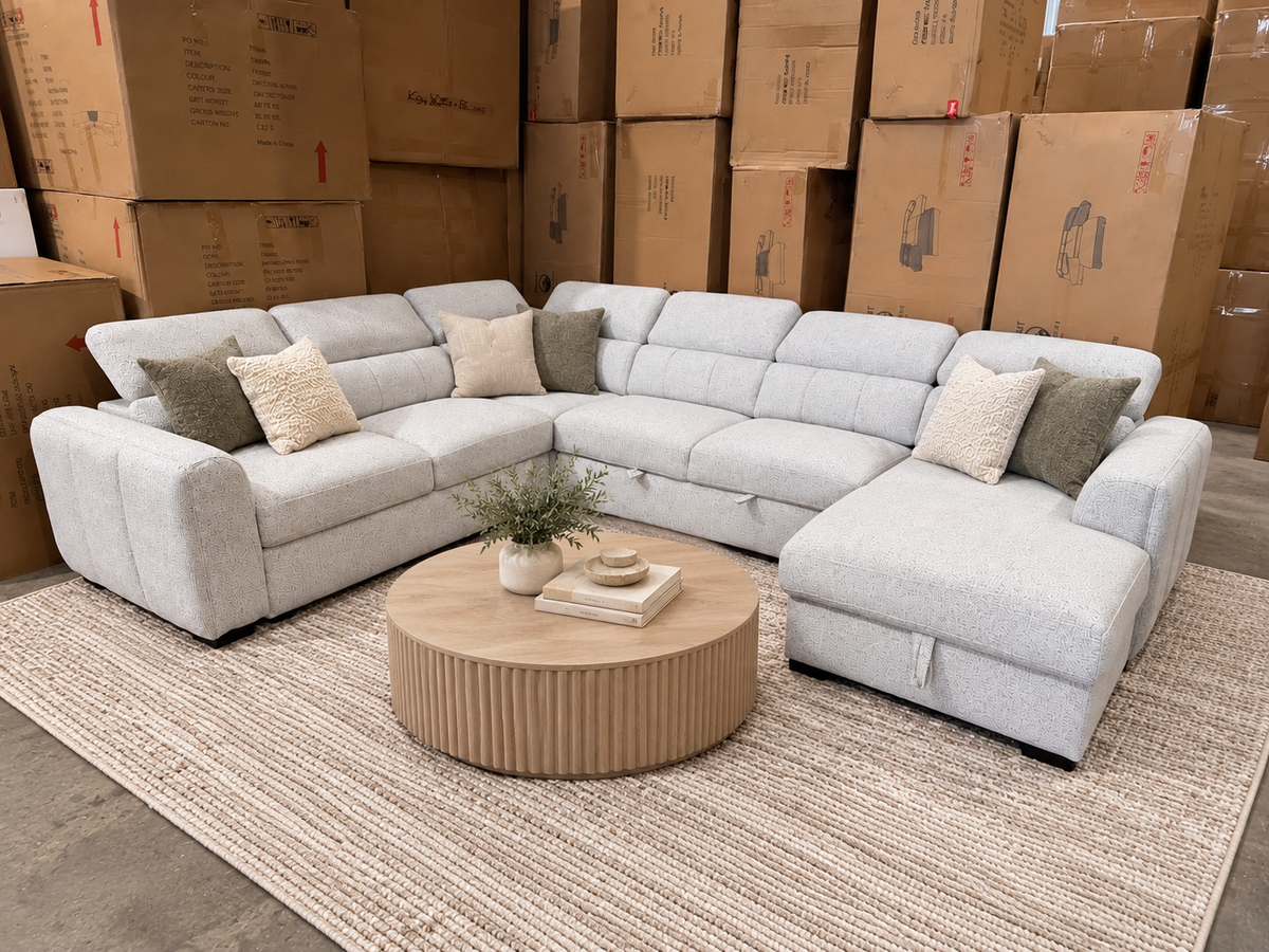 Milan U-shape fabric sofa bed with adjustable headrests and spacious chaise