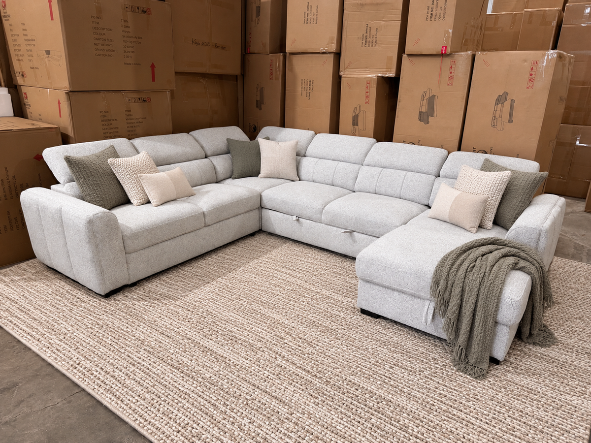 Milan U-shape lounge with generous seating and adjustable headrests. Large couch with sofa bed