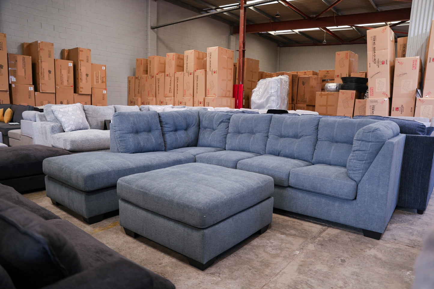 Marlee L-Shaped Lounge with Oversized Ottoman - Denim Blue