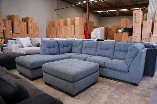 Marlee L-Shaped Lounge with Oversized Ottoman - Denim Blue