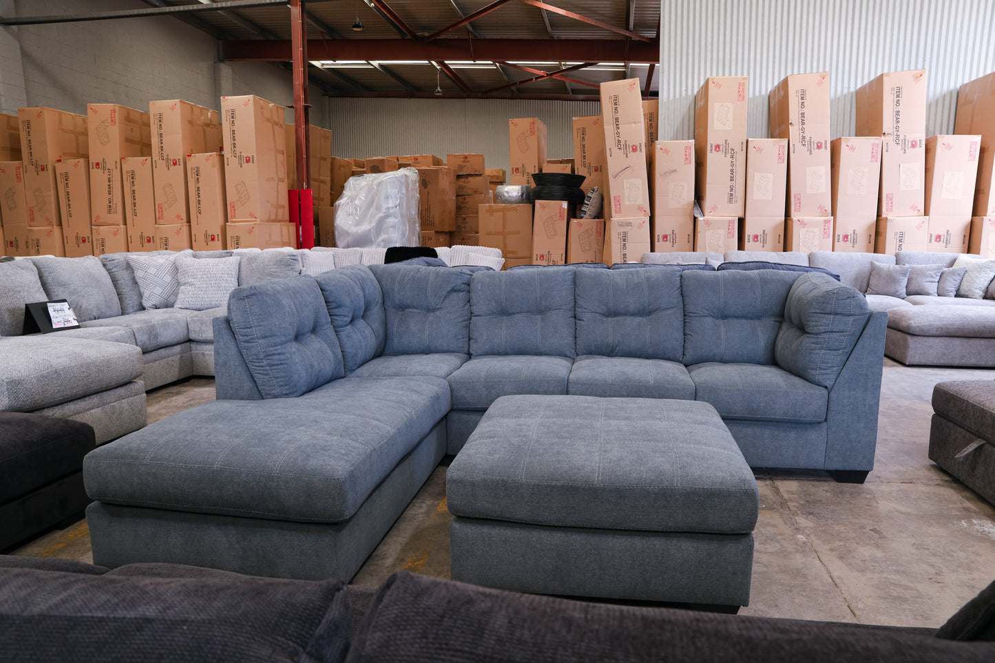 Marlee L-Shaped Lounge with Oversized Ottoman - Denim Blue