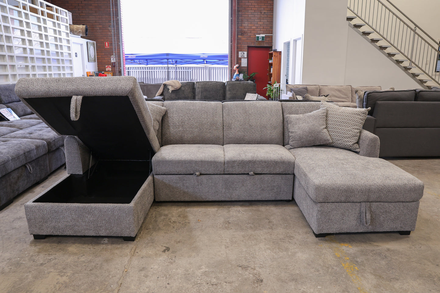 Oasis Boucle Double Chaise Lounge with Sofa Bed & Storage - Grey