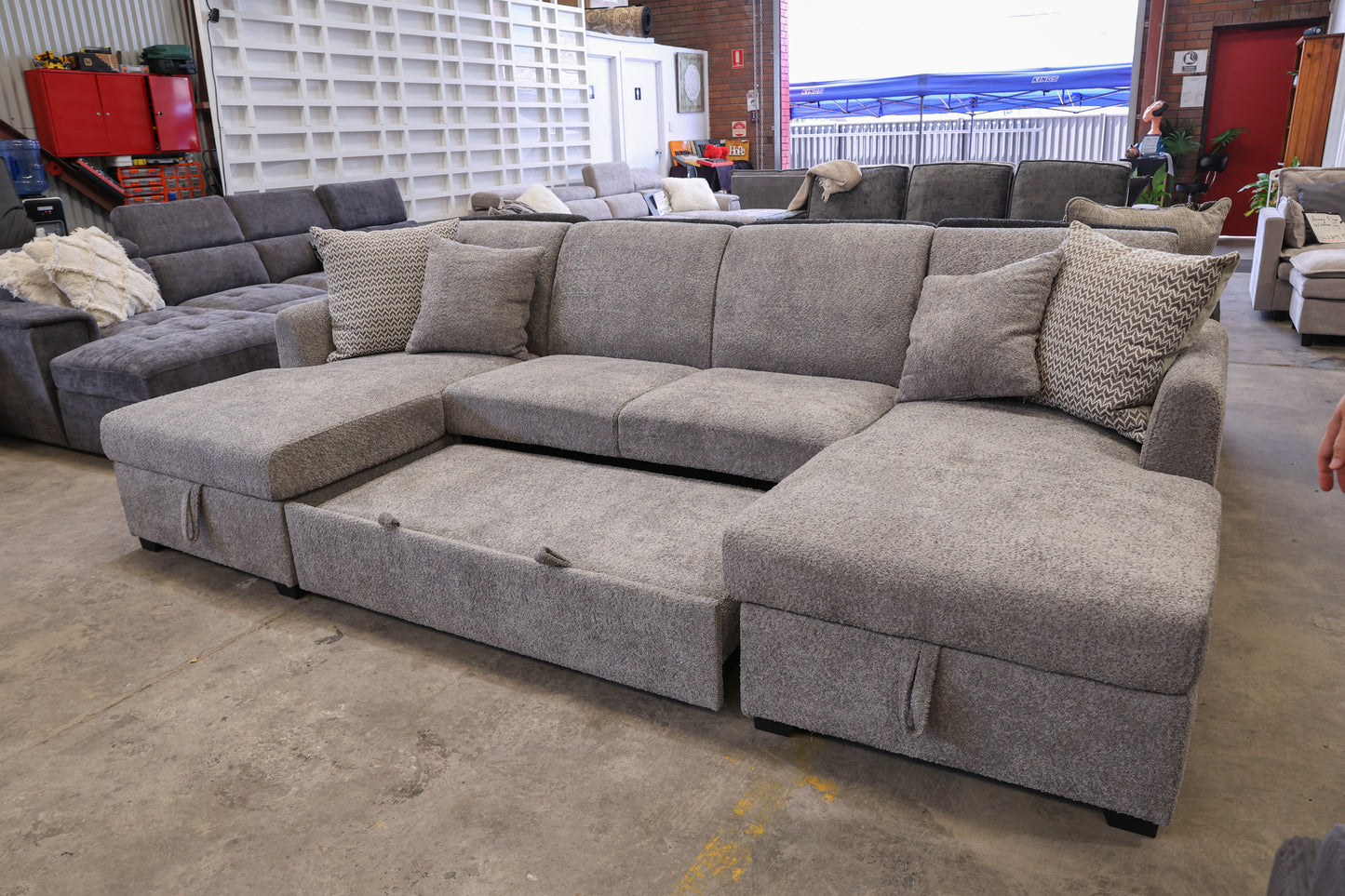 Oasis Boucle Double Chaise Lounge with Sofa Bed & Storage - Grey