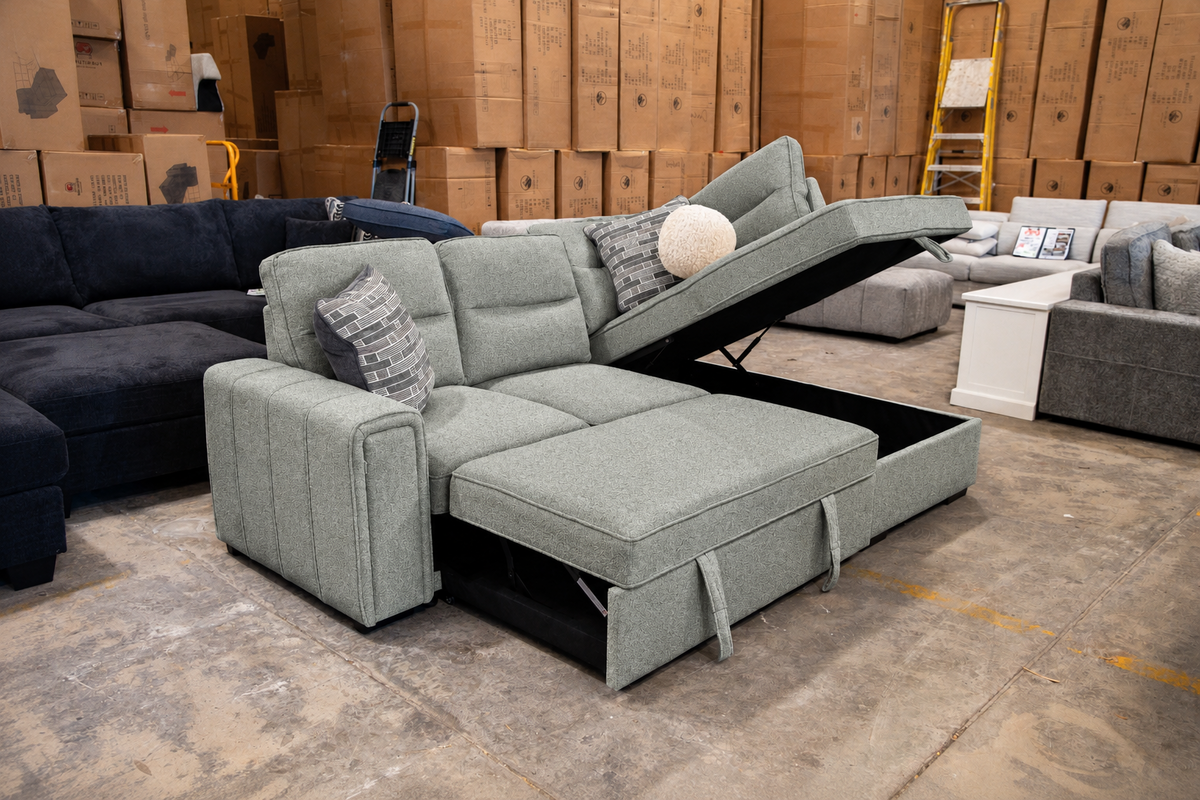 corner lounge with sofa bed and ottoman