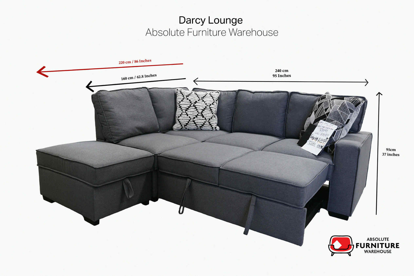 Darcy Pull-Out Sofa Bed – with Ottoman & Storage - Dark Grey