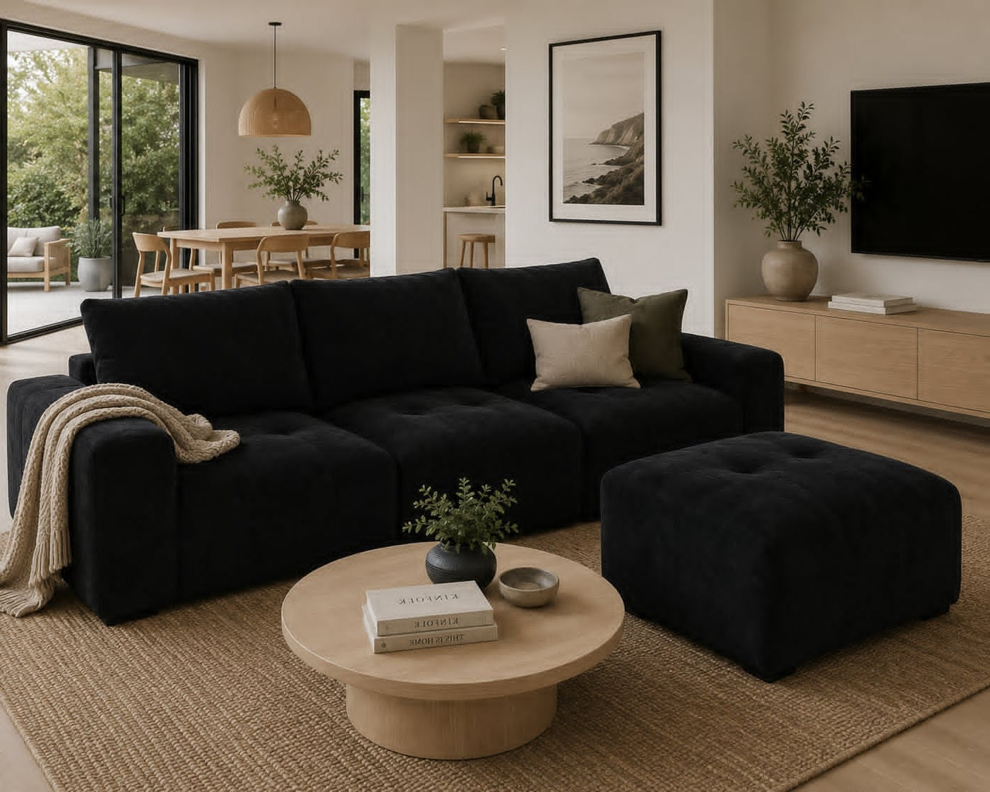 black 3 seater with ottoman