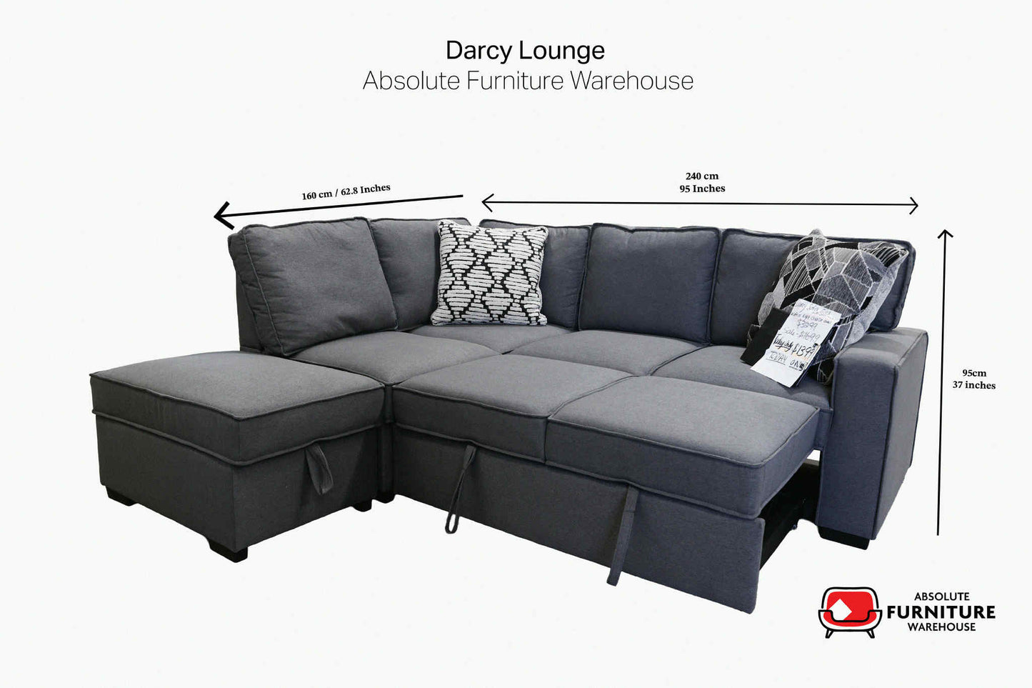 Darcy Pull-Out Sofa Bed – with Ottoman & Storage - Dark Grey
