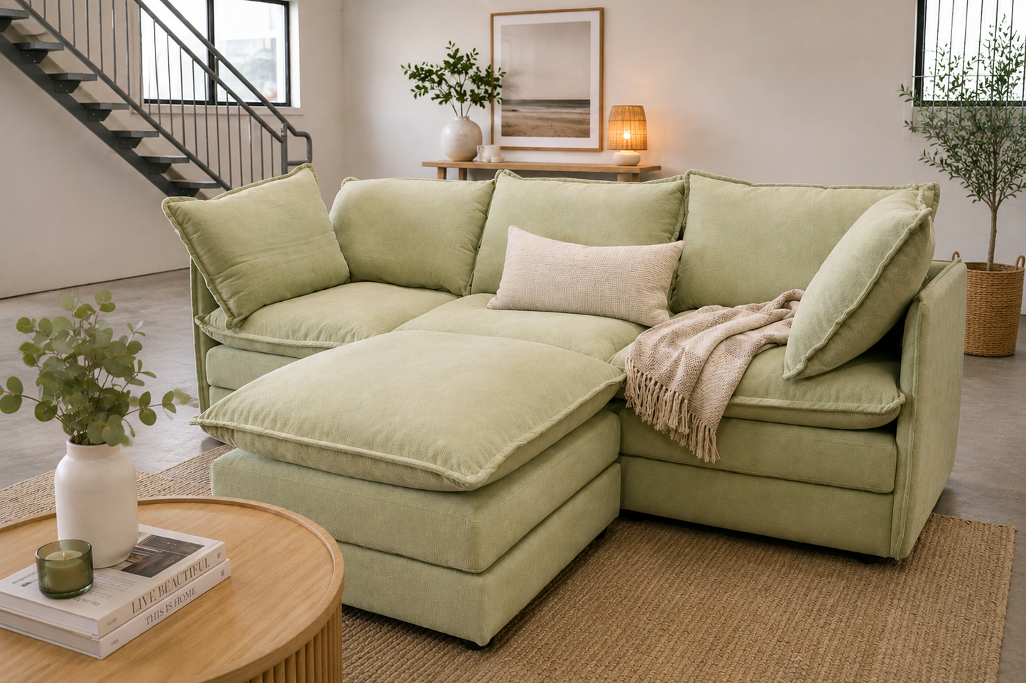 luxury comfort Green 3 seater couch with movable ottoman