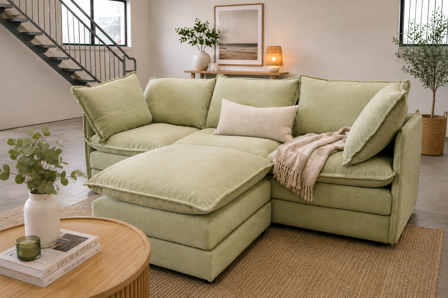 luxury comfort Green 3 seater couch with movable ottoman