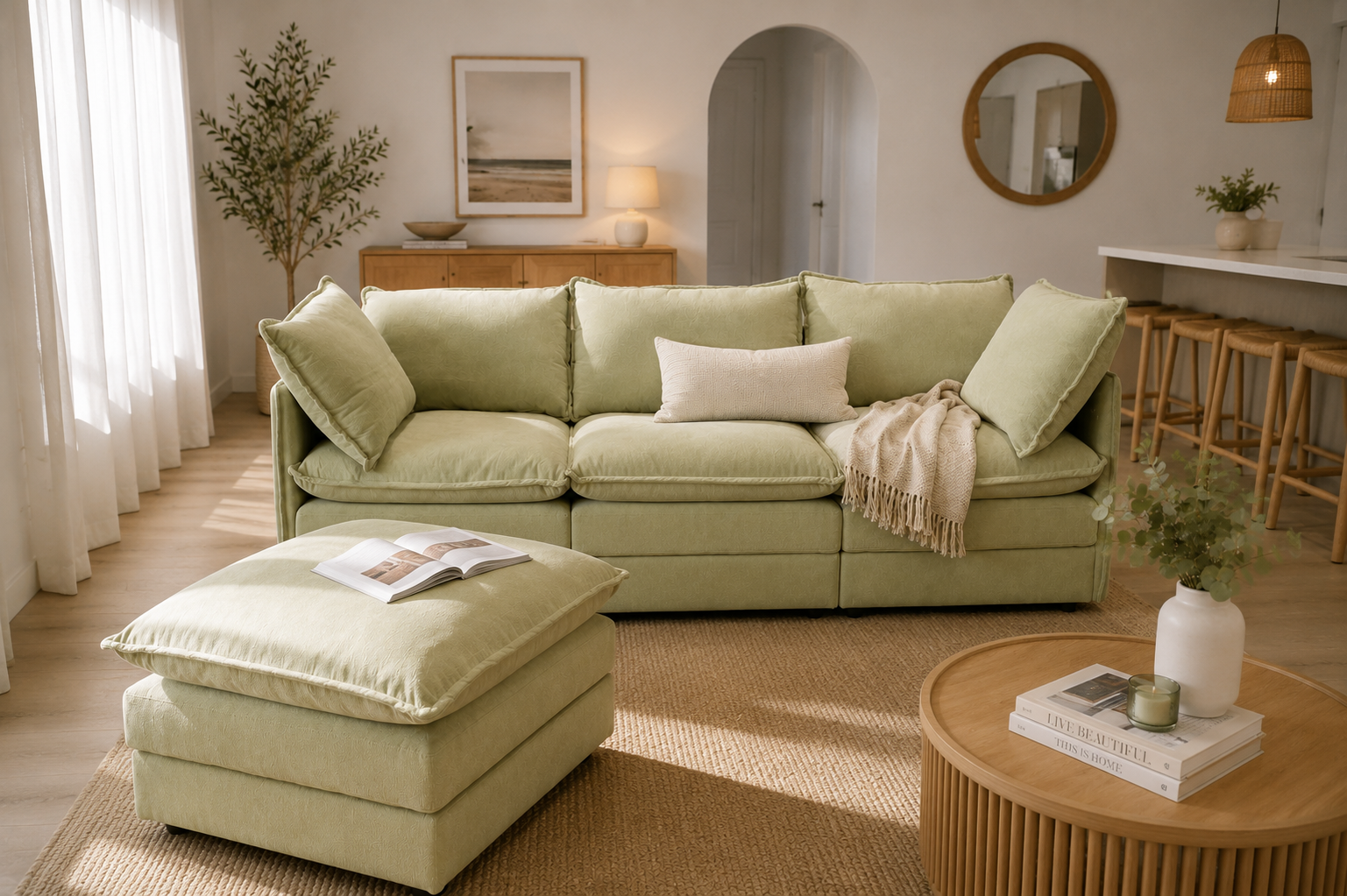 comfortable soft green couch with supportive cushioned back