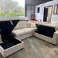 lounge with storage, cup holders, drop down tray, sofa bed