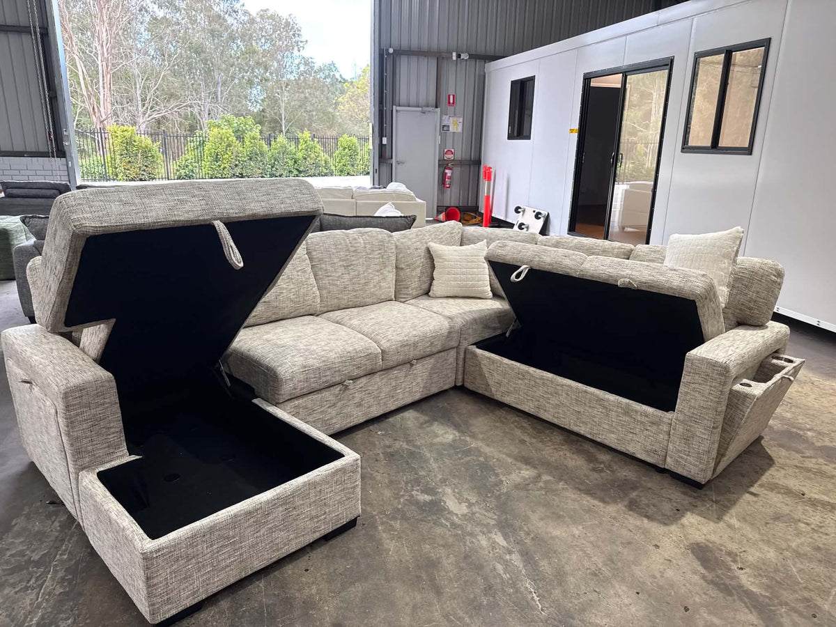 lounge with storage, cup holders, drop down tray, sofa bed