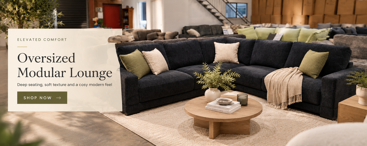 Oversized Modular Lounge. Deep seating, soft texture and a cosy modern feel. Shop now.