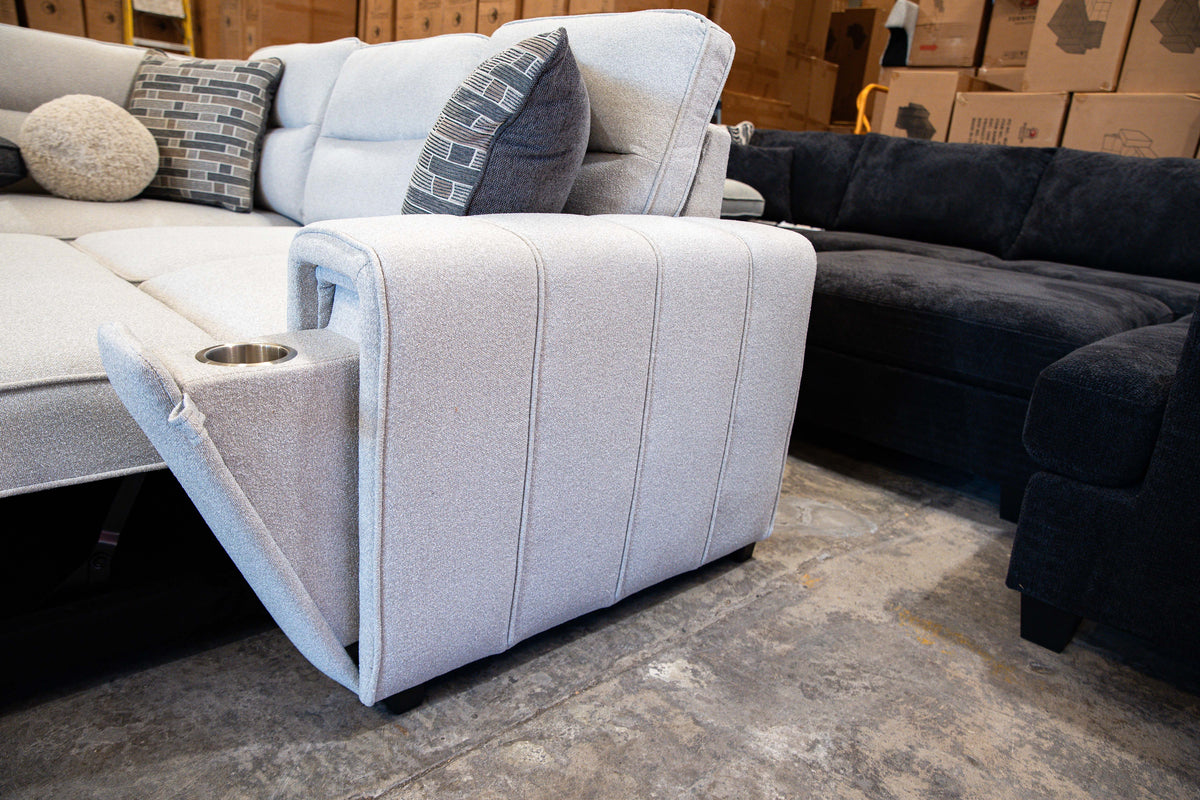 Light grey fabric sofa bed with supportive 97cm high backrest