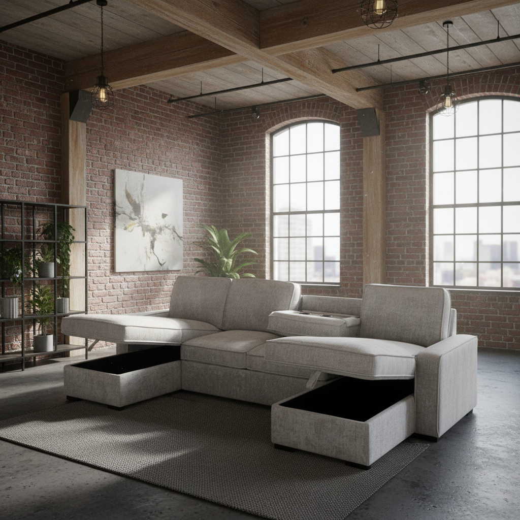 Double Chaise Sofa Bed, Storage, Cupholders USB & C Ports - Silver Grey